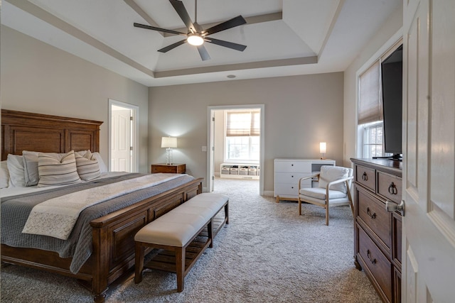 carpeted bedroom featuring a raised ceiling, ceiling fan, and multiple windows