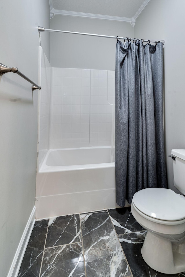 bathroom with shower / bathtub combination with curtain, crown molding, and toilet