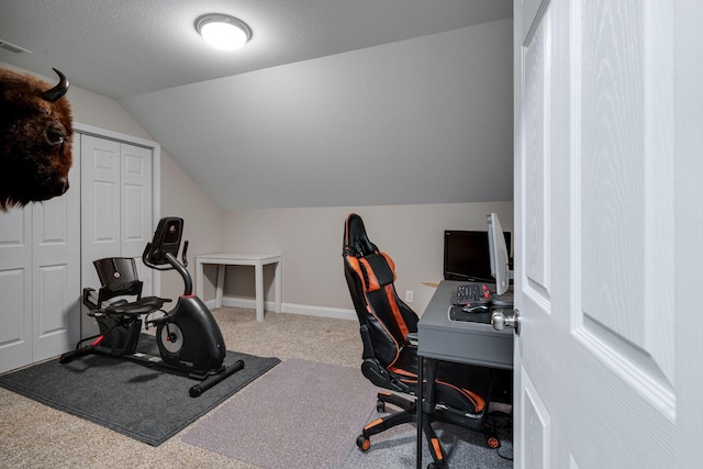 office space featuring vaulted ceiling, carpet, and a textured ceiling