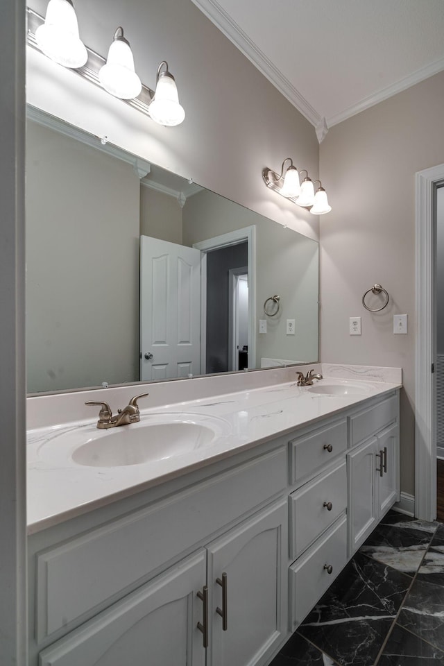 bathroom with crown molding and vanity