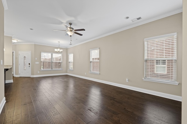 unfurnished living room with ceiling fan with notable chandelier, dark wood-type flooring, and ornamental molding