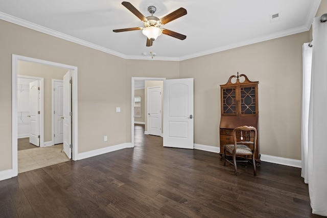 sitting room featuring ornamental molding, ceiling fan, and dark hardwood / wood-style flooring