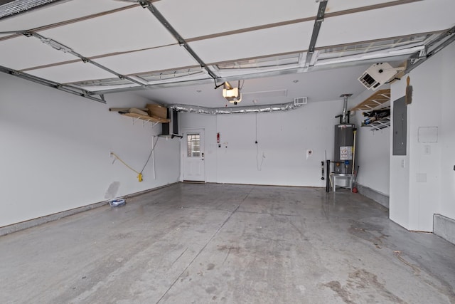 garage with water heater, a garage door opener, and electric panel