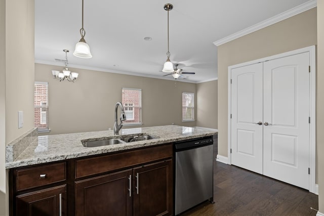 kitchen featuring pendant lighting, sink, dark wood-type flooring, dishwasher, and kitchen peninsula