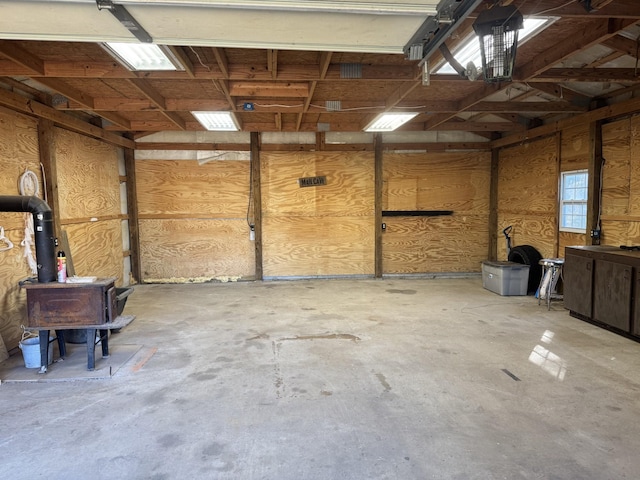 garage with a wood stove