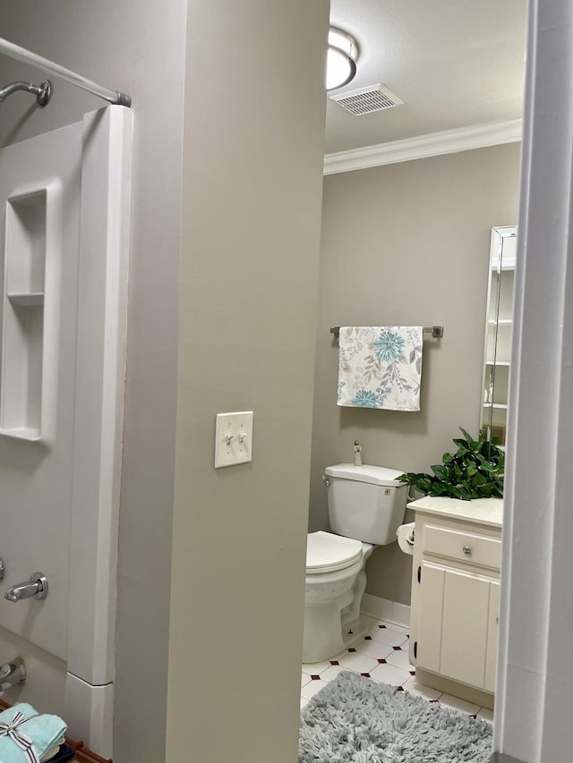 full bathroom with ornamental molding, bathtub / shower combination, vanity, and toilet