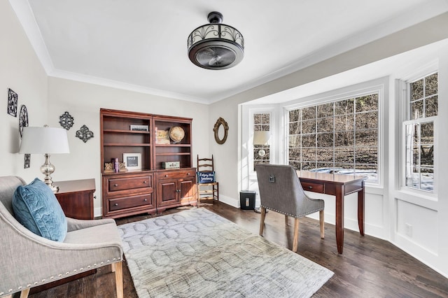 home office featuring crown molding and dark hardwood / wood-style floors