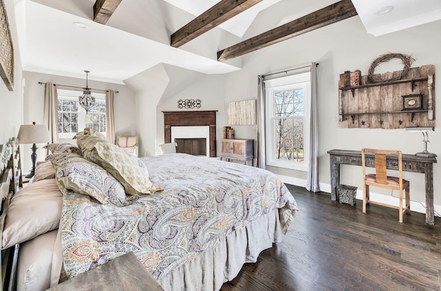 bedroom featuring multiple windows, dark hardwood / wood-style flooring, and lofted ceiling with beams