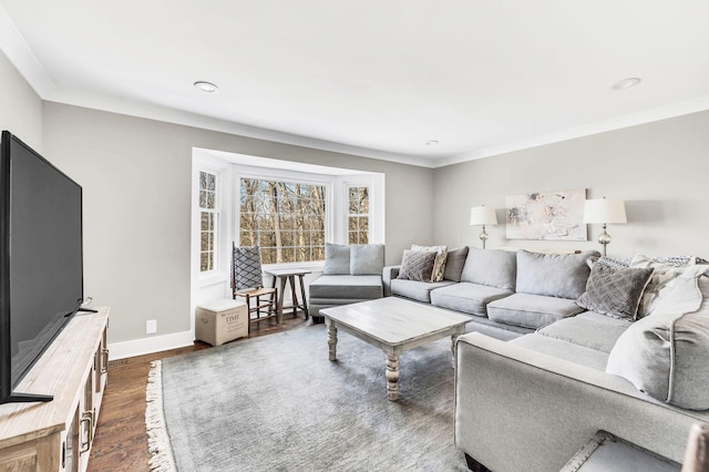 living room featuring crown molding and dark hardwood / wood-style floors