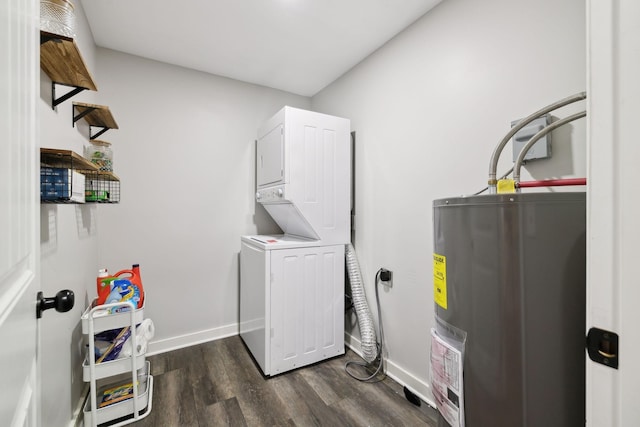 laundry room featuring gas water heater, stacked washer / drying machine, and dark wood-type flooring