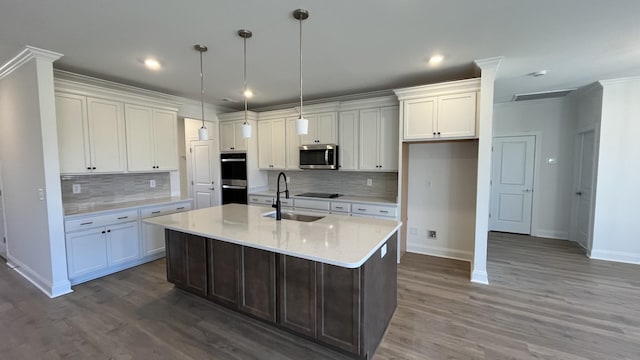 kitchen with white cabinetry, sink, and a center island with sink