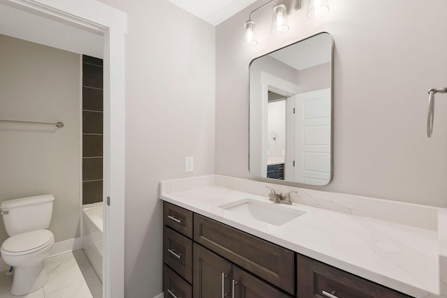 full bathroom featuring shower / tub combination, vanity, and toilet