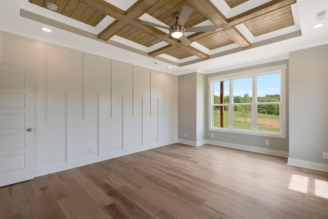 spare room with beamed ceiling, ceiling fan, wood-type flooring, and coffered ceiling