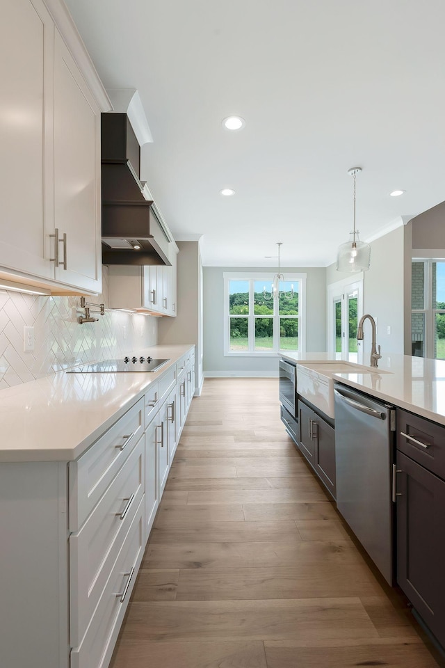 kitchen featuring stainless steel appliances, custom range hood, and white cabinets