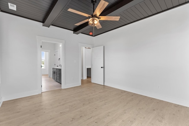 unfurnished bedroom featuring ensuite bath, beam ceiling, light hardwood / wood-style flooring, and wooden ceiling