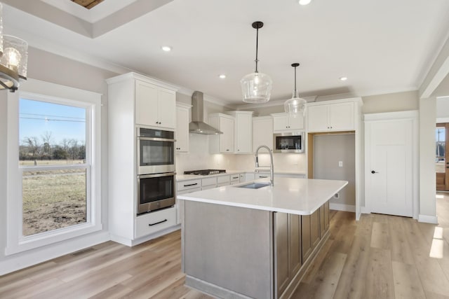 kitchen featuring white cabinetry, an island with sink, sink, stainless steel appliances, and wall chimney exhaust hood