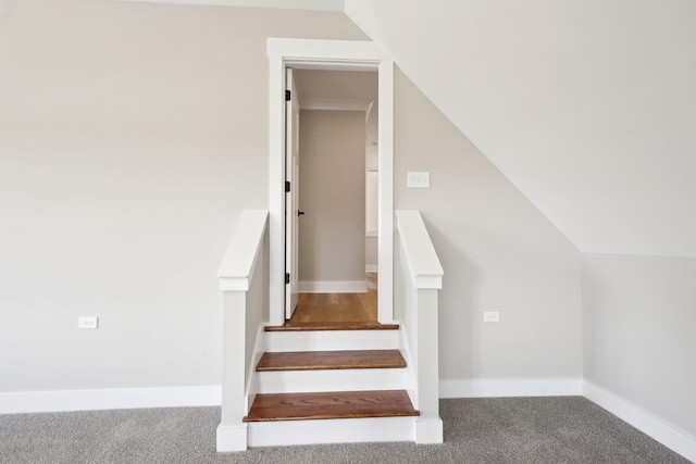 stairs with vaulted ceiling and carpet floors