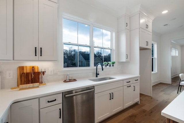 kitchen with white cabinetry, dishwasher, sink, and backsplash