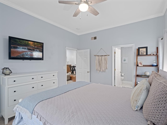 bedroom with crown molding, ceiling fan, and connected bathroom