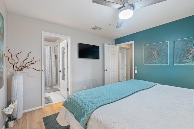 bedroom featuring ceiling fan and light hardwood / wood-style flooring