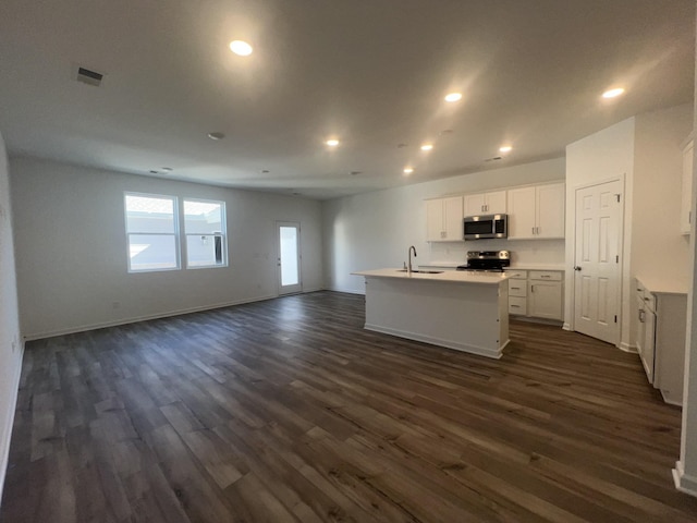 kitchen featuring open floor plan, dark wood-style flooring, stainless steel appliances, and a sink