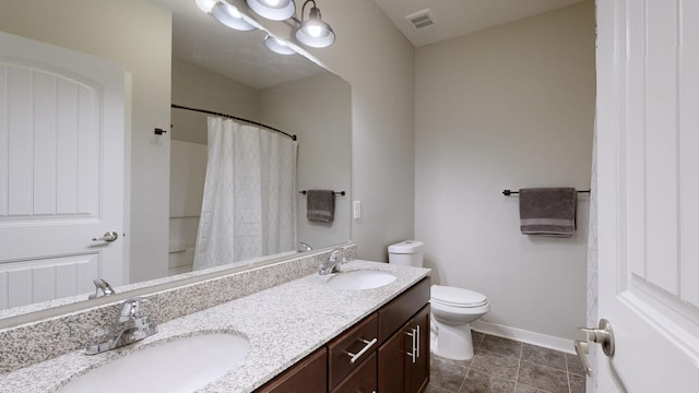 bathroom featuring tile patterned flooring, vanity, toilet, a chandelier, and walk in shower