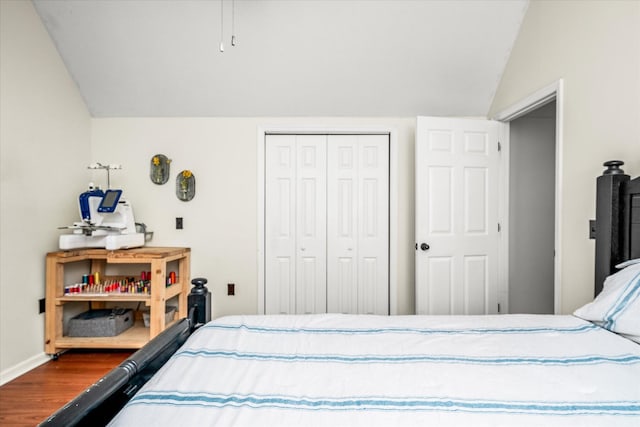 bedroom with lofted ceiling, wood-type flooring, and a closet