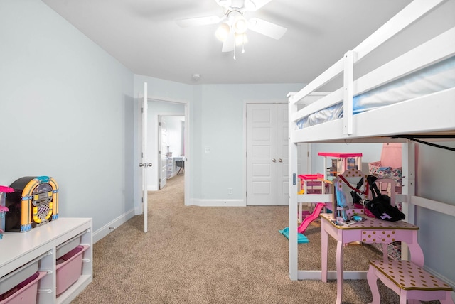 bedroom with light carpet and ceiling fan