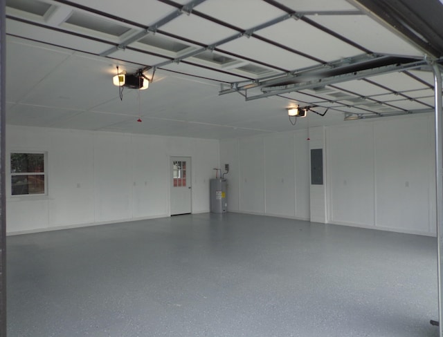 garage with a garage door opener, electric panel, and water heater