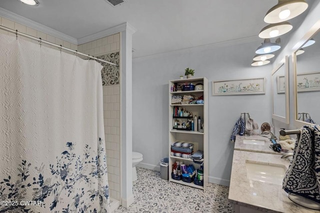 bathroom with vanity, ornamental molding, curtained shower, tile patterned floors, and toilet