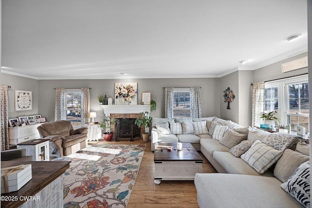 living room with ornamental molding and hardwood / wood-style floors