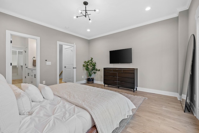 bedroom with ornamental molding, connected bathroom, a notable chandelier, and light wood-type flooring