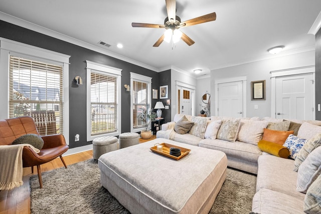 living room featuring ceiling fan, ornamental molding, and wood-type flooring