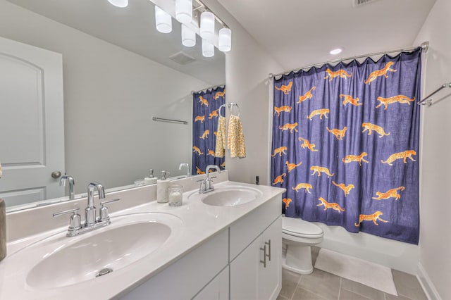 full bathroom with vanity, shower / bathtub combination with curtain, tile patterned floors, and toilet