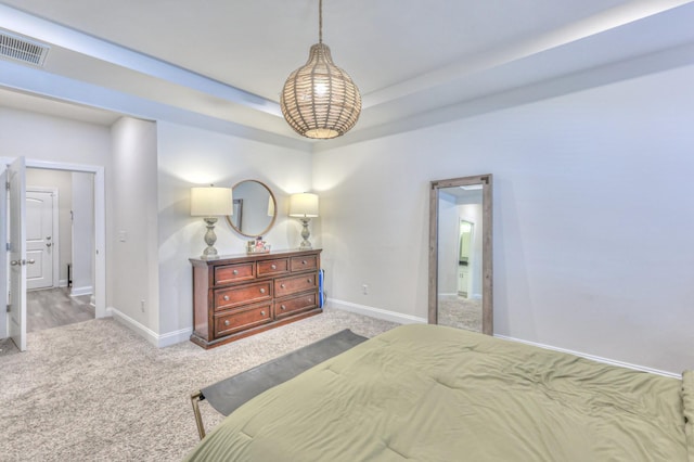 carpeted bedroom featuring a tray ceiling