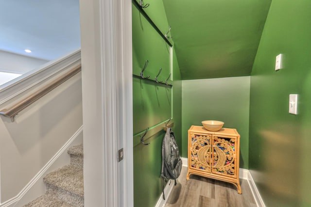 bathroom with hardwood / wood-style flooring