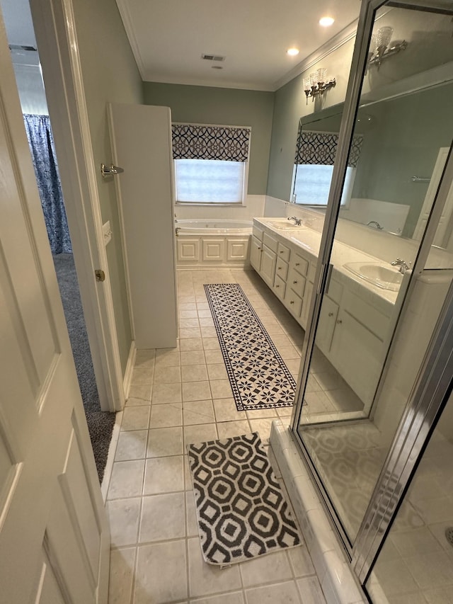 bathroom featuring walk in shower, tile patterned floors, ornamental molding, and vanity