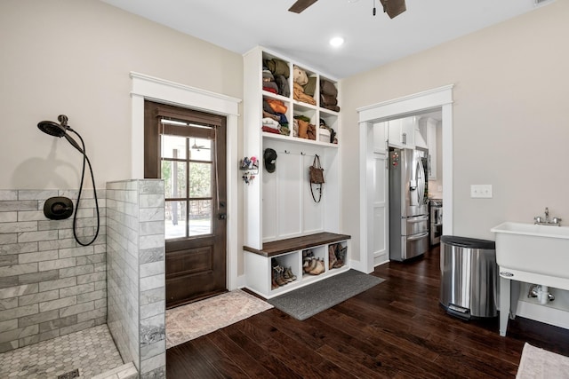 mudroom featuring ceiling fan, dark hardwood / wood-style floors, and sink