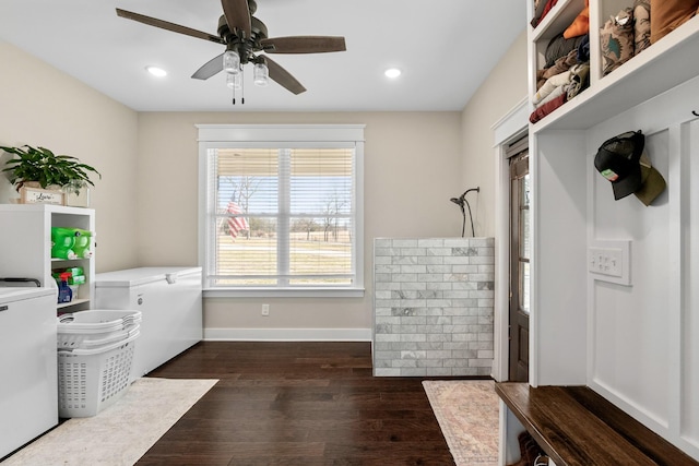 laundry area featuring ceiling fan and dark hardwood / wood-style flooring