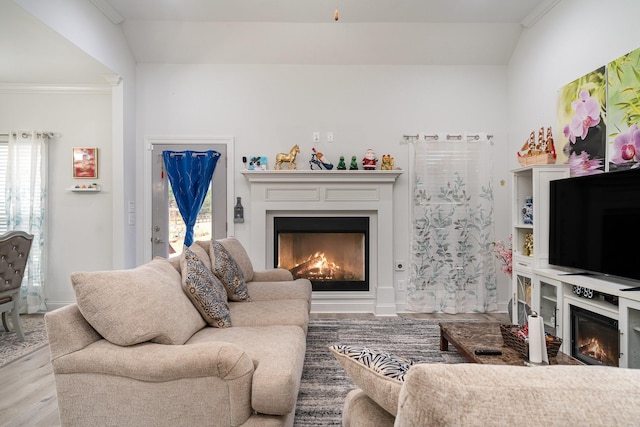 living room with crown molding and light wood-type flooring