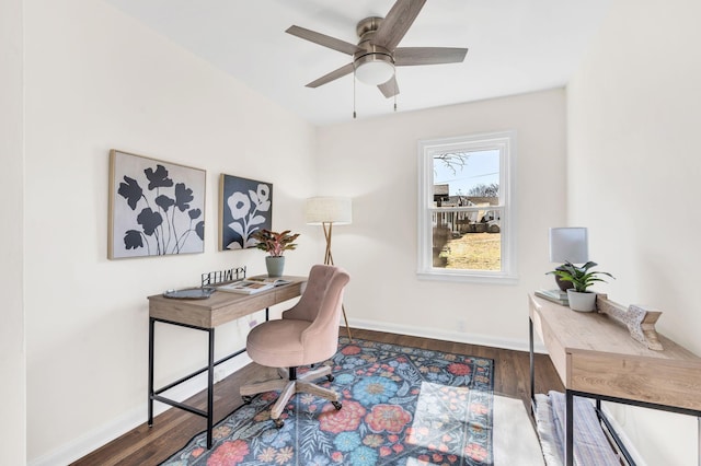 office area with wood-type flooring and ceiling fan