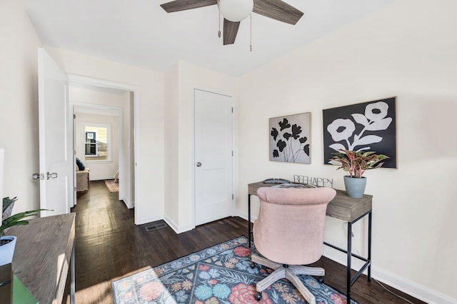 office featuring ceiling fan and dark hardwood / wood-style floors