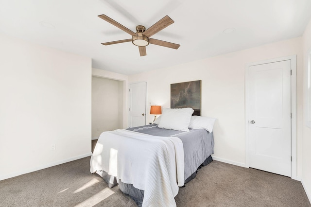 bedroom featuring ceiling fan and carpet flooring