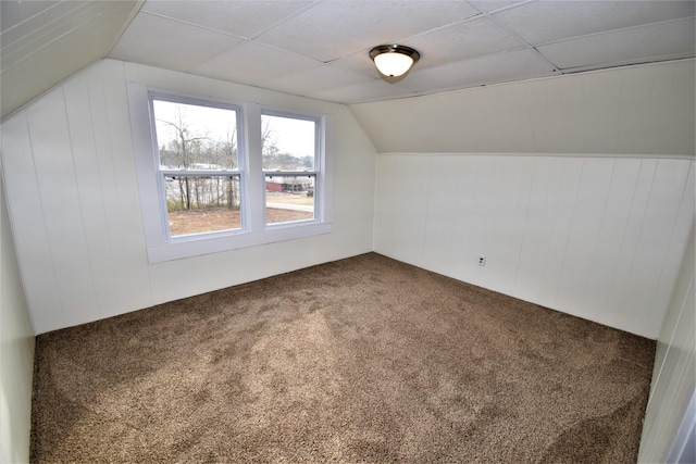 bonus room with lofted ceiling and carpet flooring