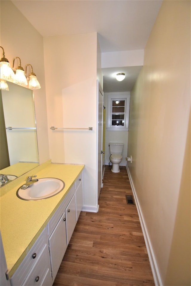 bathroom featuring vanity, wood-type flooring, and toilet