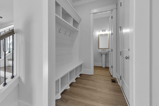 mudroom with light hardwood / wood-style floors