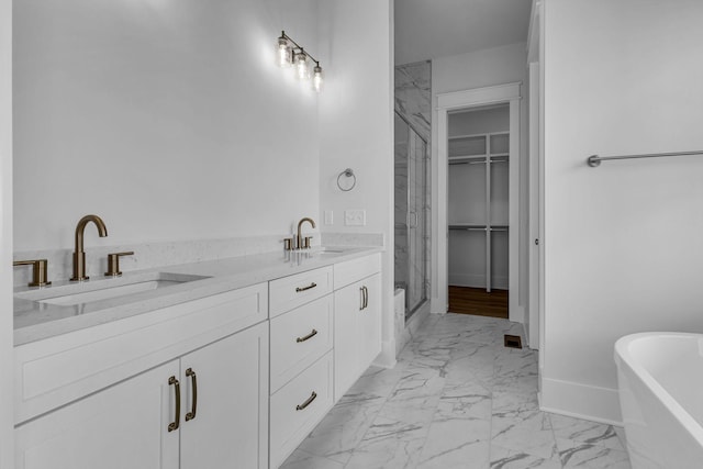 bathroom featuring vanity and independent shower and bath