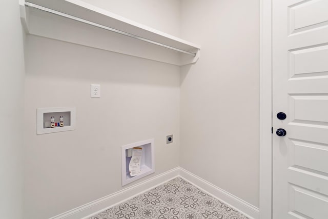 laundry room featuring laundry area, hookup for a washing machine, electric dryer hookup, and baseboards