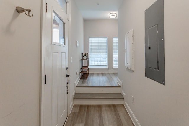 interior space with electric panel and light hardwood / wood-style floors