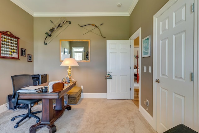 carpeted office with ornamental molding